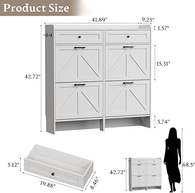 BORNOON Shoe Storage Cabinet for Entryway, Farmhouse Wide Shoe Cabinet with 4 Flip Drawers and 2 Top Drawers, Freestanding Organizer with Adjustable Shelves, Hooks, and Anti-Tip Kit for Hallway