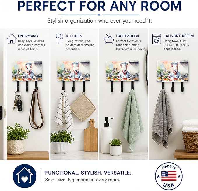 Caroline's Treasures Bull Terrier The Chef Leash or Key Holder Wall Hooks, Key Hooks Holder, Coat Rack Wall Mount, Coat Hooks, Hooks for Hanging Keys, Towels, Aprons, Leashes | Bull Terrier The Chef artwork on ceramic tile with three steel hooks for ke...