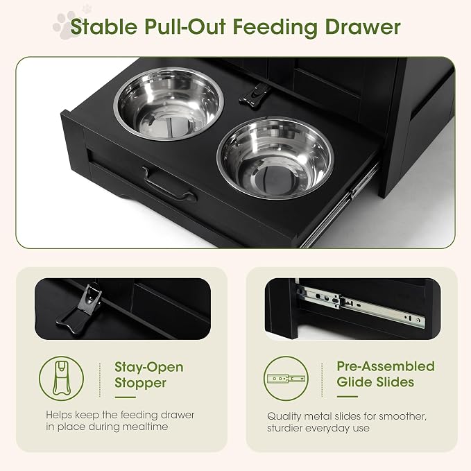 Dog Feeding Station with Storage Cabinet, Black Wood Dog Cabinet with 2 Elevated Stainless Steel Bowls, Hidden Pull-Out Feeder Drawer, Pet Feeding Station for Kitchen and Living Room