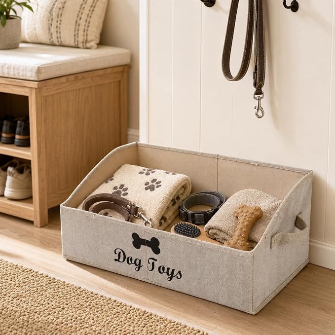 Geyecete dog toy basket Large dog toy bin dog toy box storage box - Foldable Fabric Trapezoid Organizer Boxes with Handle, Collapsible Basket for Dog Toys (KhakiStripe-DOG)
