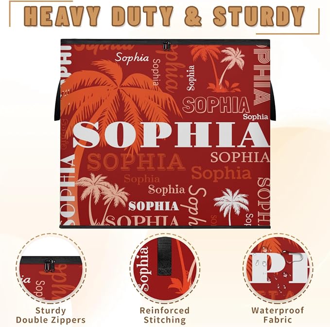 Personalized Large Storage Basket with Lid, Comforters, Bedding Storage Bin with Handles for Home, Collapsible Basket for Clothes, Moving, Car Trunk, Orange White Palm Trees Red Background
