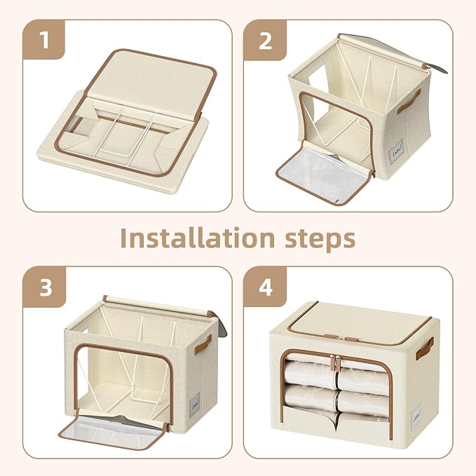 FHSQX 6 Pack Clothes Storage Bins, Beige, 40L,16.5x12.2x12.2 inch | Foldable, Fabric Storage Box, Metal Frame,