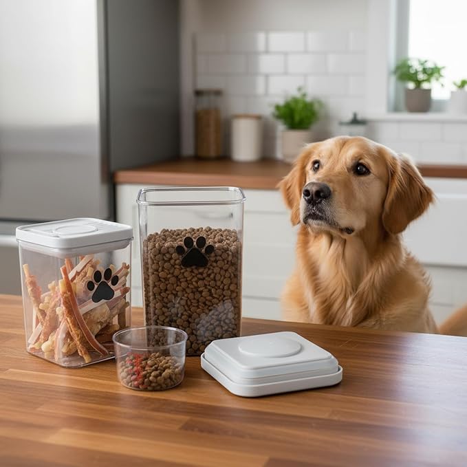 Dog Cat Food Storage Container with Scoop, 2Pack Airtight Plastic Pet Food Storage Containers,Dog Treat Container Jars Set,Treats Canister for Kitchen or Countertop,BPA Free, Clear