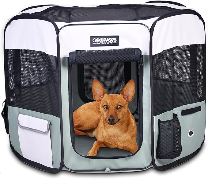 Jespet Soft Dog Playpen, Portable Pet Exercise Pen Kennel with Carry Bag | 2-Door, Easy to Fold, Ground Stakes, Zipper Locks, Large Storage Pocket, Washable Top Mesh Cover & Bottom Cover