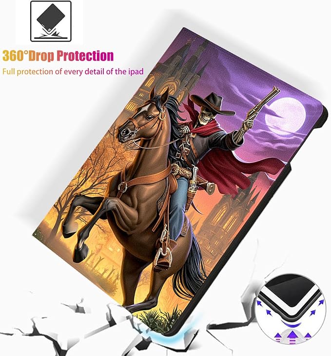 for Microsoft Surface Pro X/Pro X Plus-13 2019/2020/2021/2024 Tablet Case,Auto Wake/Sleep,Adjustable Stand Protective Cover - Skeleton Cowboy Horse
