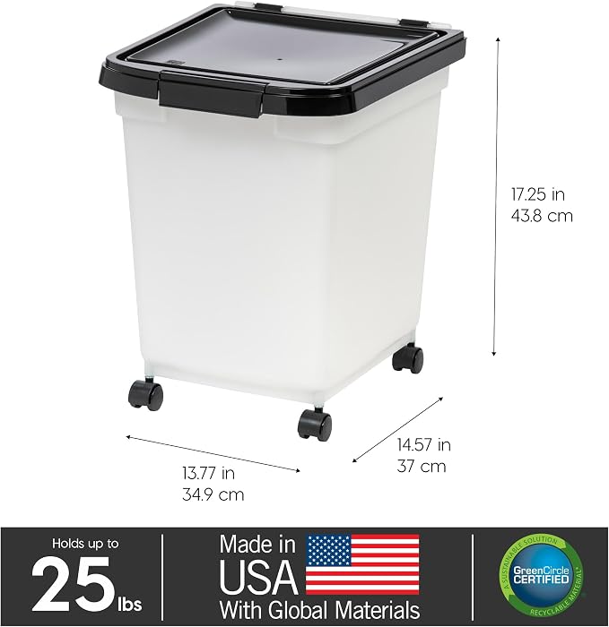 IRIS USA Dog Food Storage Container, Up to 25 lbs, Pearl/Black, Made in USA | Wheels for Mobility, Airtight Seal, BPA-Free, Best for Bird Seed, Cat food, Cat Litter, Chicken Feed, Pellets