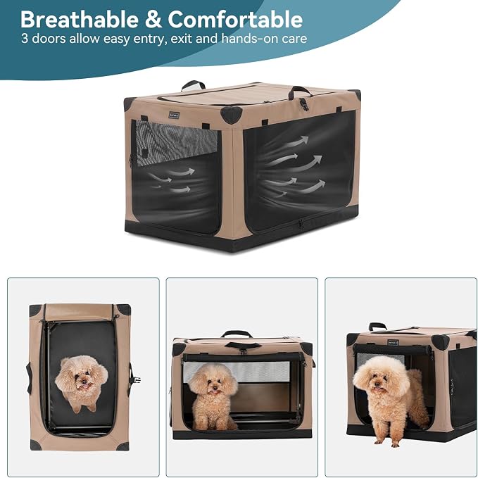 PETSFIT 26" Soft Portable Dog Crate – Patented Spiral Sturdy Frame, Collapsible Travel Kennel for Small Dogs, 3 Mesh Door, Lockable Zippers, Indoor & Car Use Khaki
