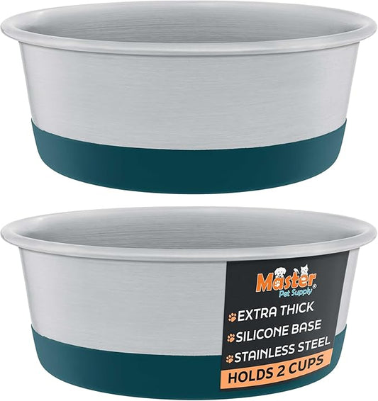 Master Pet Supply Stainless Steel Dog Bowls Set of 2 with Extra Thick Silicone Base - 2 Cup (16 oz) Emerald Sea, Non-Slip, Dishwasher Safe Metal Bowls, Pet Dog Food Bowl for Dogs, Cats, Anti Rust