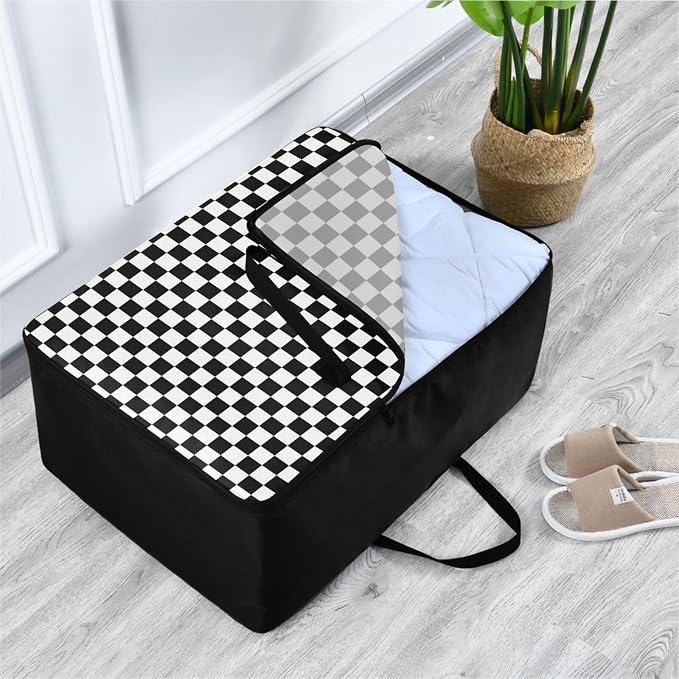 Comforter Storage Bags Large Folding Blanket Organizer Bag with Strong Handles Clear Window Closet Storage Containers for Clothes King Queen Pillows Bedding Quilt Duvet Checkered Black and Whit