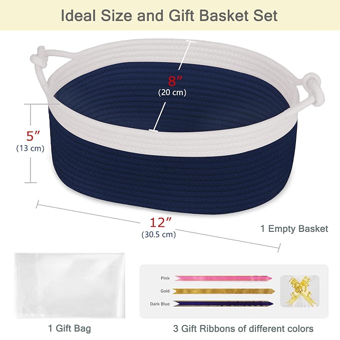 Small Empty Gift Basket with Bag & Ribbons, White & Navy Blue | 12“x8”x5”, Cotton Rope Woven Basket for Birthdays, Baby Showers, Mother's Day, Christmas; Stores Small Items, Kids & Pet Toys