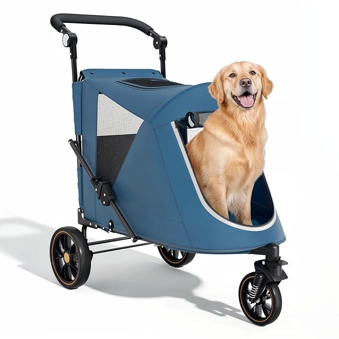 Magshion Pet Stroller for Medium Large Dog, 3-Wheel Foldable Jogger, Navy | All-Terrain with Adjustable Handle, Dual Entry, Rear Storage, Breathable Mesh, One-Foot Brake, Up to 55 lbs