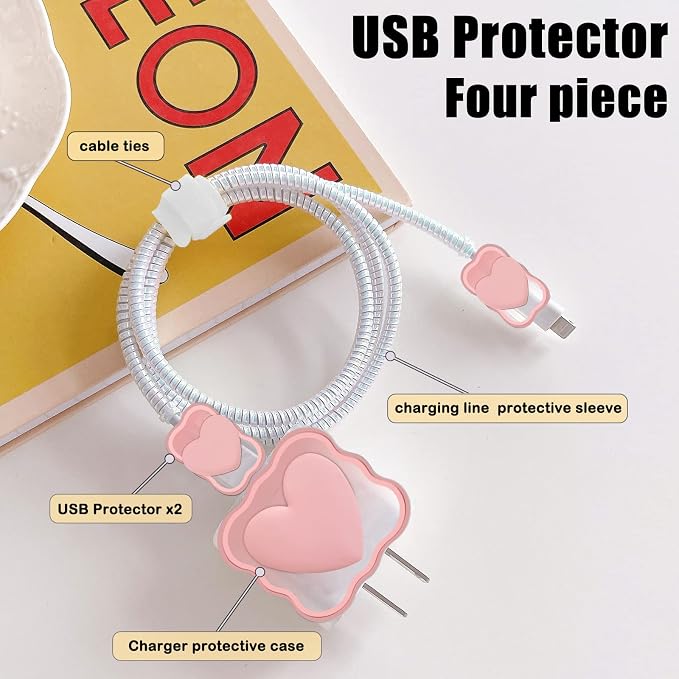 CameCosy Cute Waves DIY Cable Protector for iPhone Charger,Kawaii 3D Love Heart Design,Data Cable USB Charger Data Line Phone Wire Saver Protector for iPhone 11 12 13 14 Pro Max XS XR X 7 8 Plus-Pink