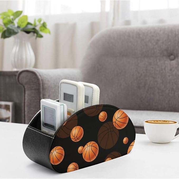 Remote Control Holder Black Basketball Sport 5 Compartment Table Organizer | PU Leather Desktop Caddy Box, Black Basketball Sport, Fit for Media Player, Stationery, Home Office Accessories