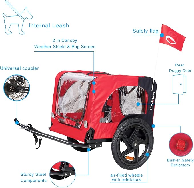 ZeHuoGe Pet Bike Trailer for Small to Medium Pets, Pet Cart Bicycle Wagon,23.62”x17.71” Roomy Cabin, Foldable & Portable, Universal Fit for 20”-29” Bikes