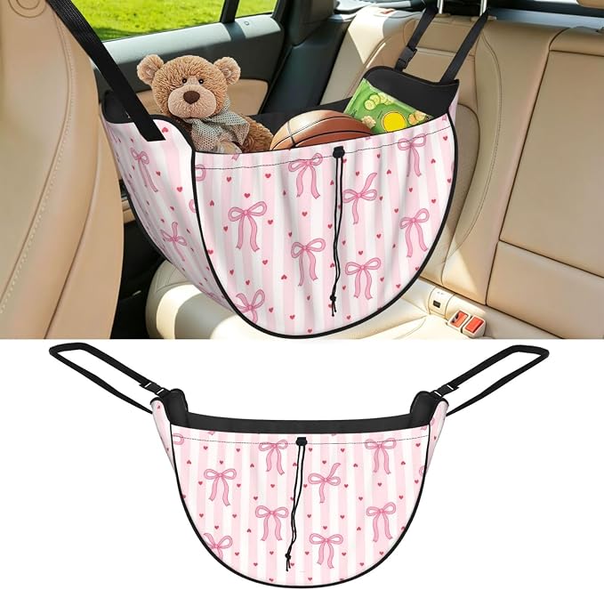 Pink Bow Heart Stripe Car Seat Organizer Backseat Storage Bag, Large Waterproof Vehicle Organizer With Adjustable Straps For Gear Essentials, Fits Most Cars