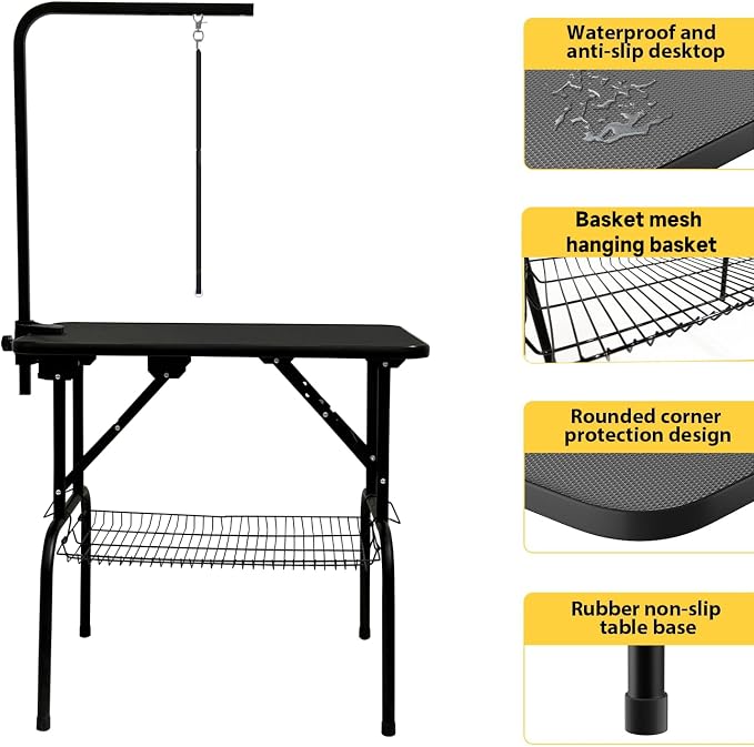 Baohe-32 Inch Dog Grooming Table - Pet Grooming Table - Foldable, Adjustable Arm, Portable, Non-Slip Grooming Table for Dogs at Home - Black