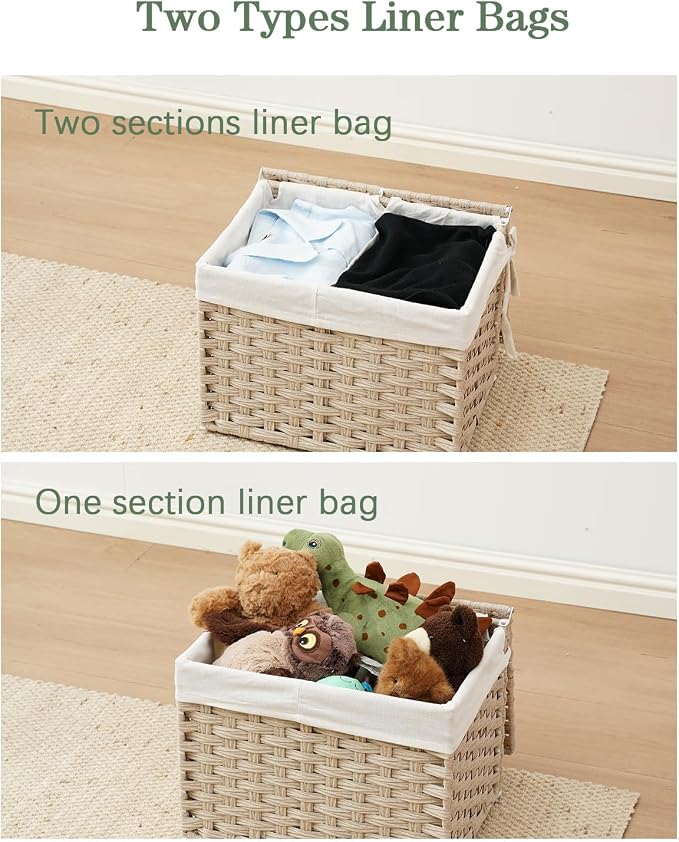 SETVSON Storage Basket with Lid, 2-Lid PE Rattan Storage Bin, Light Khaki | Dual Lid Small Items & Accessories Organizer, Divided Sock & Underwear Bin, 2 Washable Liner Bags, Small Collapsible Trunk