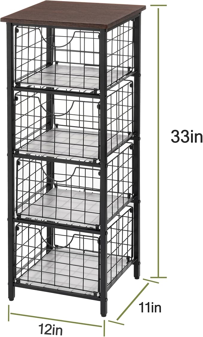 DINGTAI 5-Tier FreeStanding Storage Shelves with 4 Pull-Out Baskets,Bathroom Organizer Shelves Unit with WoodTop,Fruit Basket for Kitchen,Storage Tower Organizer Basket Cart for Bathroom，Black