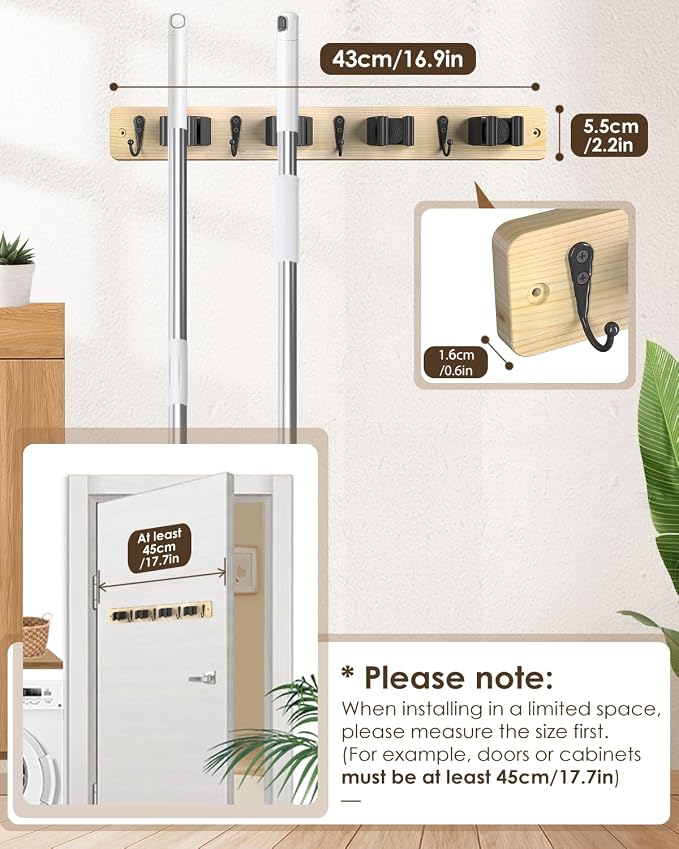 AceMining Light Wood Broom Holder Wall Mount, 4 Holders 4 Hooks Mop Holder | Mop Holder Wall Mount and Broom Hanger for Garage, Laundry Room, Kitchen and Utility Storage