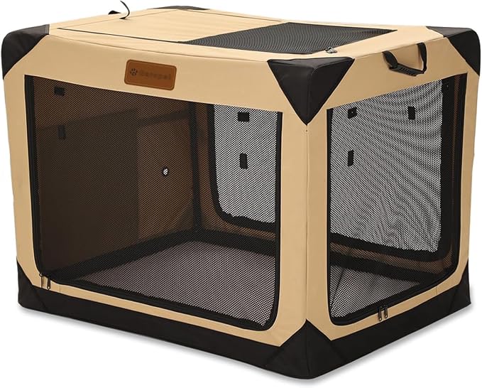 Garnpet 36 Inch Collapsible Soft Dog Crate for Large Dogs, 4-Door Foldable Travel Dog Kennel with Durable Mesh Windows for Indoor & Outdoor Portable Pet Crate, Soft Side Dog Crate, Beige