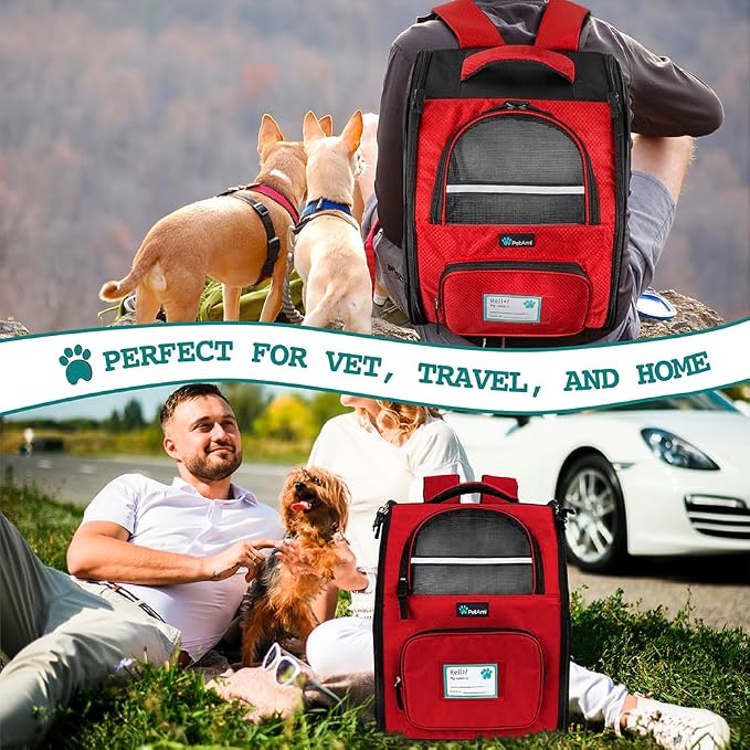 PetAmi Dog Backpack Carrier Airline Approved Cat Pet Puppy Bag, Red | Ideal for Small Medium Large Pet up to 18 lb, 2 Side Entry Structured No-Collapse Frame, Ventilated Bookbag for Hiking Travel