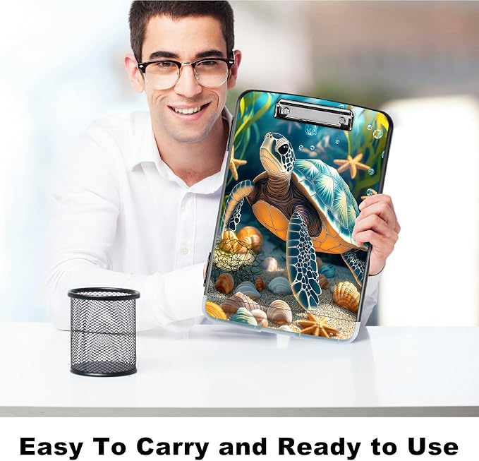A4 Clipboard with Storage Pen Holder, Clipboards Organizer Nursing Clipboard Foldable File Folder Plastic Clipboard Folio Clip Board for Office Work Classroom Doctor, Sea Turtle Seaweed