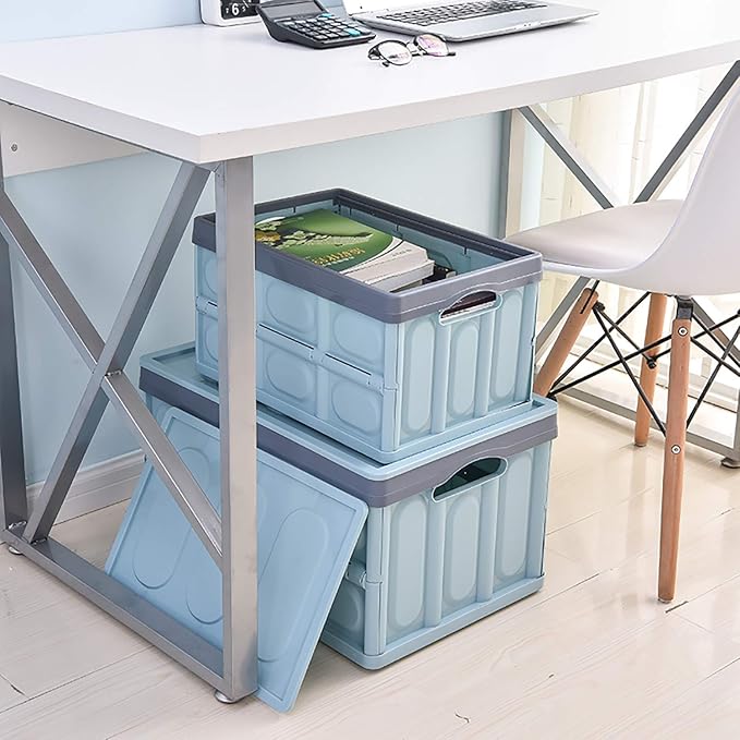 Lidded Storage Bins 2 Pack 30L Collapsible Storage Box Crates Plastic Tote Storage Box Container Stackable Folding Utility Crates for Clothes, Toy, Books ,Snack, Shoe, and Grocery Storage Bin-Blue