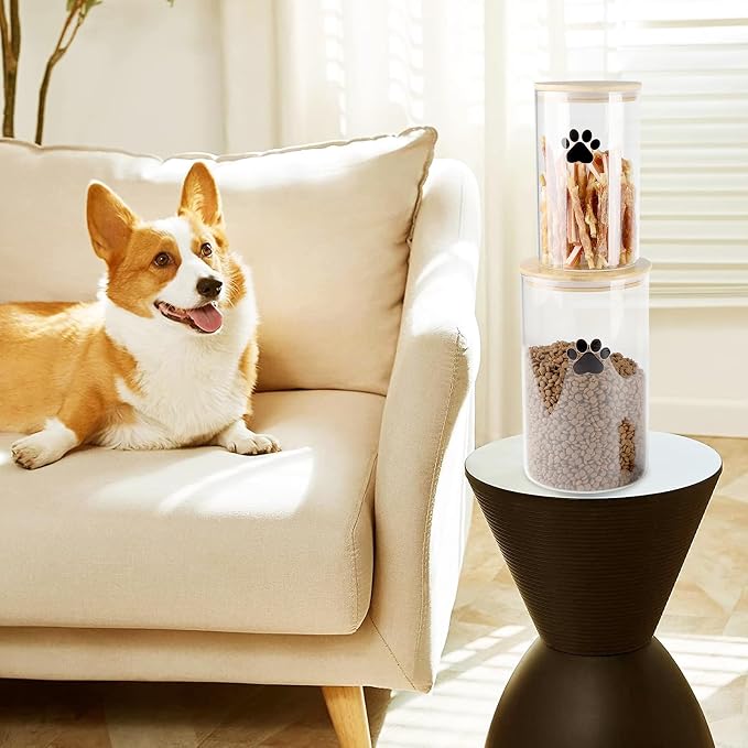 Glass Dog Treat Jars Set of 2,135oz+68oz Round Dog Cat Food Container with Bamboo Lids,Airtight Cat Treat Jar, Puppy Food Cookie Jar-Keep Fresh Crispy