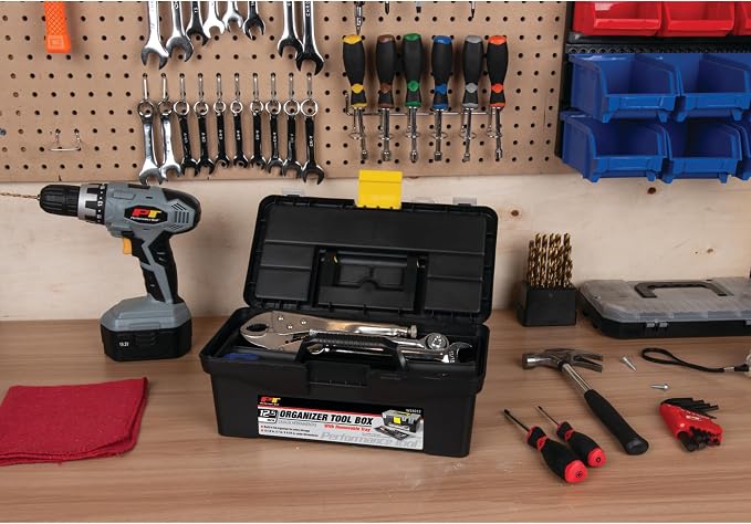 Performance Tool W54012 Heavy Duty Plastic Organizer Tool Box for Workshops and Garages, Black, 12.5-Inch | Tool organizer with ergonomic comfort handle. Plastic portable tool carrying case for hobbies and more