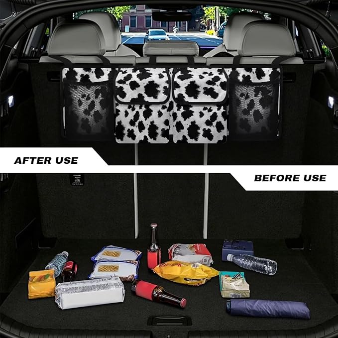 Cow Print Car Trunk Organizer Storage - Washable Hanging Car Storage Organizer Trunk Backseat Bag, Space-Optimized