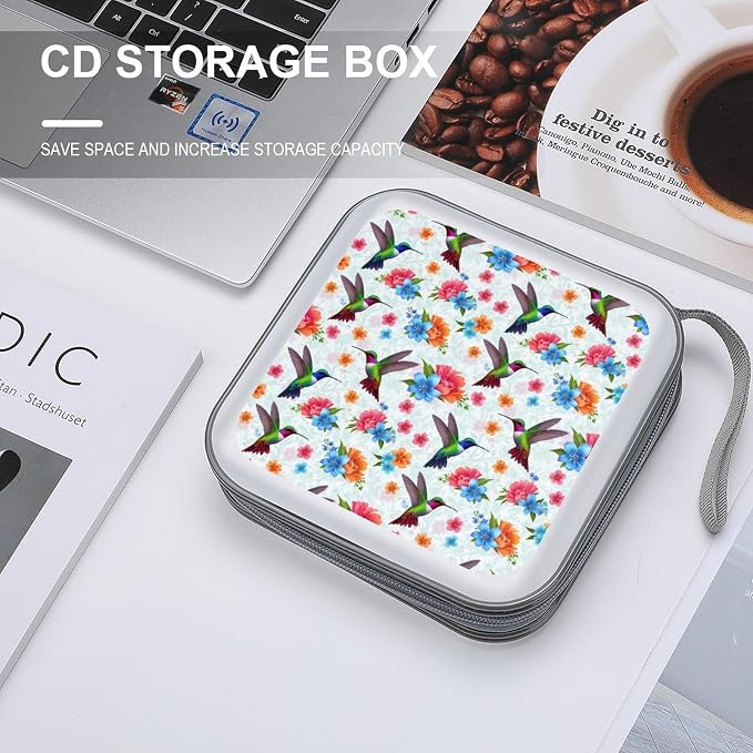 Portable DVD CD Organizer Wallet Bird Colorful Flowers Hummingbirds Floral, 40-Capacity Hard Case with Strap, Protective Storage Binder for Car Home