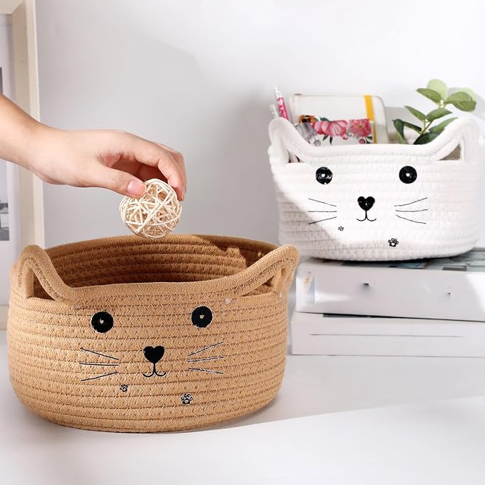 Zopeal Cat Storage Basket Woven Organizer with Ears Decorative Gift Cute Cotton Rope Pet Toy Basket for Gift Cat Dog Toy Bin Nursery Room(8.3 x 4.7 Inch,Khaki)