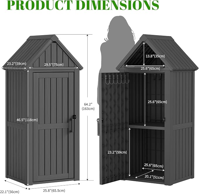 Outdoor Storage Cabinet, Lockable Vertical Resin Storage Shed, Black