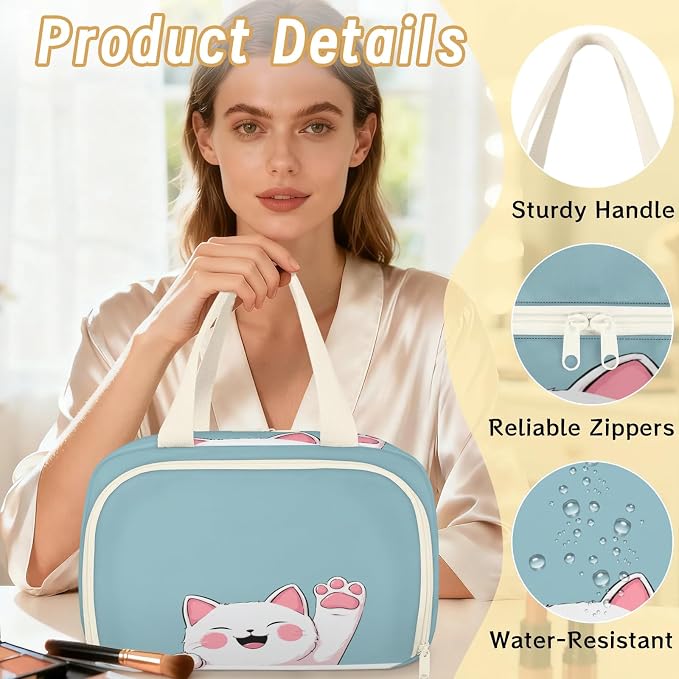Sweet White Cat Travel Toiletry Bag for Women | Cartoon Pet Lightweight Waterproof Makeup Cosmetic Bag Large Tote Organizer for Traveling, Toiletries, Accessories