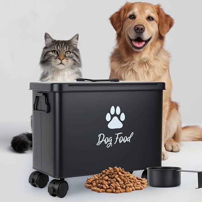 Dog Food Container 13lb, Cute Pet Food Storage with Metal Lid Scoop | Black Metal Storage Bin for Dog/Cat with Wheels,Easy to Move, Need to install