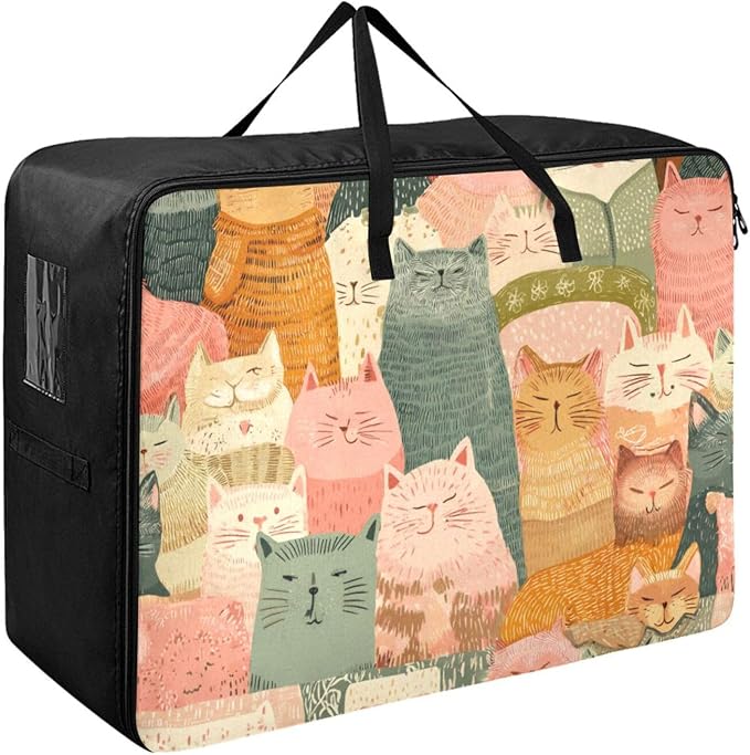 Comforter Storage Bags Large Folding Blanket Organizer Bag with Strong Handles Clear Window Closet Storage Containers for Clothes King Queen Pillows Bedding Quilt Duvet Orange Pink Cat