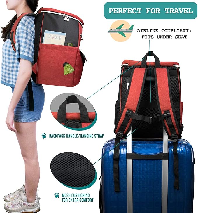 PetAmi Dog Travel Backpack 27L Airline Approved Pet Supplies Bag, Red | Cat Traveling Suitcase Organizer for Weekend Road Trip Camping; 2 Food Containers, 2 Collapsible Bowls & Poop Bag Dispenser
