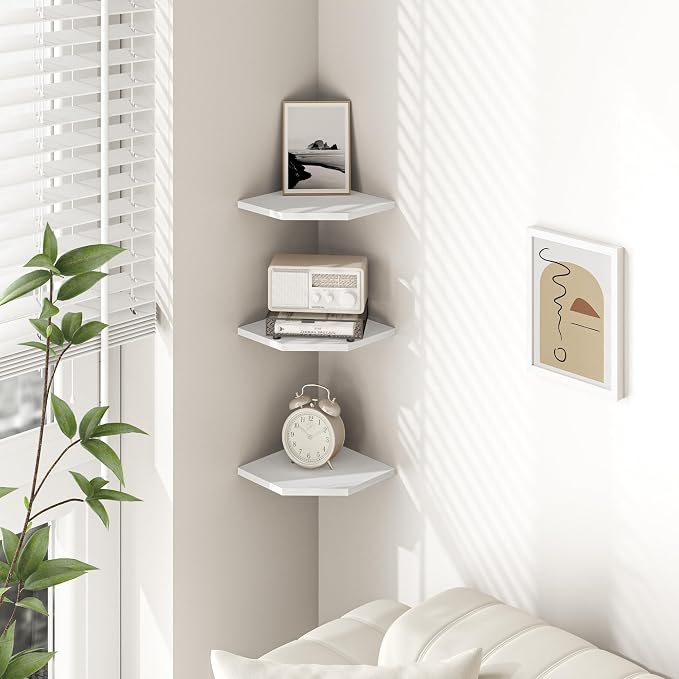Fun Memories Corner Shelf Wall Mount, Floating Corner Shelves, Set of 3 Corner Wall Shelf Organizer, Rustic Wood Wall Storage Display Shelves for Living Room Bedroom Bathroom Kitchen, Rustic White