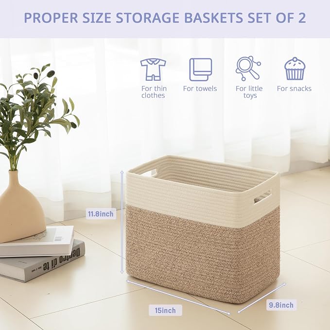 OIAHOMY 2 PACK Tall Storage baskets 30L Blanket Basket Living Room Brown | Large Collapsible Storage Bins Narrow Basket Baskets for Closet Organization Storage Baskets for Shelves Toy Storage Basket