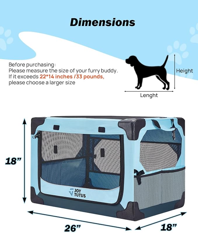 JOYTUTUS Collapsible Dog Crate, 26 Inch Portable Pet Crate for Car, Travel Dog Kennel Foldable Dog Crate for Medium Dog 44lbs, Soft Cat Carrier Fit for Indoor & Outdoor/Car Back Seat/Trunk (Blue)