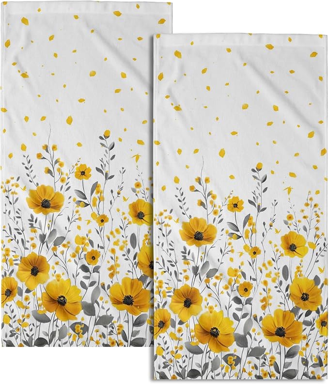 Giwawa Yellow Floral Hand Towels Set of 2 Daisy Flower Fingertip Towel Soft Absorbent Bath Towel Kitchen Dish Towel Home Bathroom Decorations