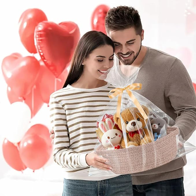 Small Basket with Gift Bags and Ribbons，Small Woven Basket Cute Oval Cotton Rope Gifts with Handle Empty Baby Wicker Storage Basket for Baby Showers Pet Toy Bin (Brown, 3 Pack (12"x 8"x 3.74"))