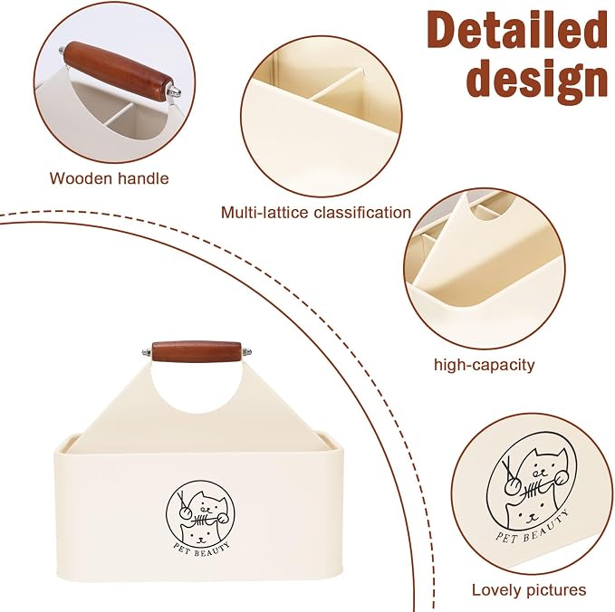Premium Dog Cat Grooming Organizer 4-Compartment,Metal Caddy for Pet Stuff with Wooden Handle-Powder Coated Storage Bin for Dog Cat Grooming Kit, Nursing Supplies -Cream White
