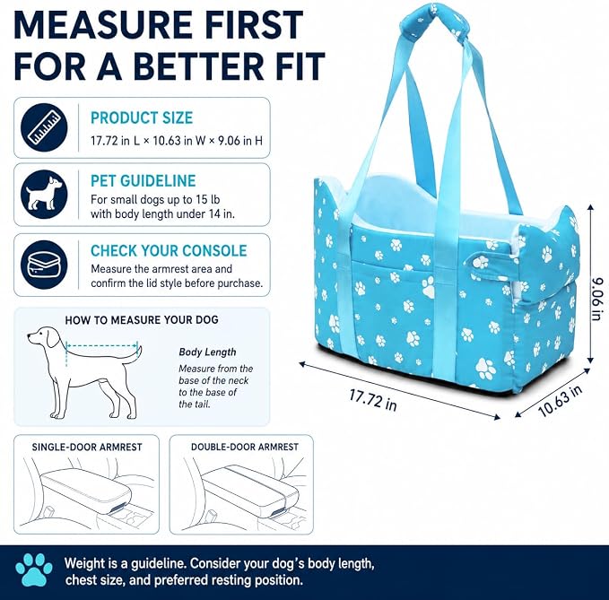 Center Console Dog Car Seat for Small Dogs Under 15lbs,Detachable Washable Booster Pet Car Seat Travel Bed with Storage Pockets and Seat Belt(Blue)