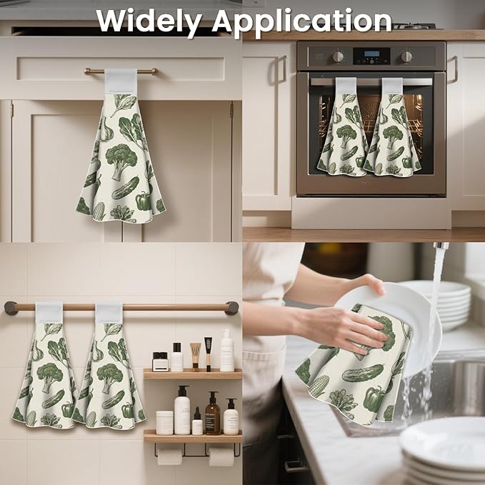 CUTHOLLOW Fruits Vegetables Hanging Kitchen Towels with Loop, Set of 2 - Soft & Super Absorbent Microfiber Decorative Hanging Dish & Hand Towel, Tea, Coffee Towel for Kitchen Bathroom Oven Handle