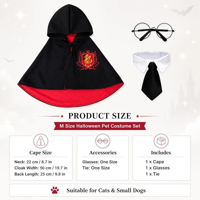 Dog Cat Halloween Costumes,3PCS Pet Dog Wizard Cape,Glasses & Necktie | Halloween Puppy Outfit for Small Medium Dogs Cats Set,Pet Academy Magician Cosplay Costume