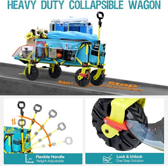 Old Bahama Bay 300lbs Extra Long 49" L Beach Wagon with Big Wheels with Brake for Sand, Collapsible Utility Beach Cart Heavy Duty Folding Wagon,Ideal for Outdoor Sand Camping Garden Pet
