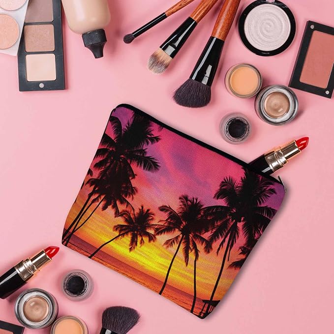 Tropical Beach Makeup Bags Makeup Organizer, Hawaii Ocean Beach Palm Trees Sunset Flax Toiletry Bags Travel Cosmetic Bag Makeup Purse Pouch Skincare Bag Wallet Bags For Women Female Mom