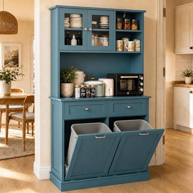 LOUVIXA 68.4" Kitchen Pantry Storage Cabinet, Freestanding Cupboard with Shelf, 2 Drawers and 2 Tilt Out Trash Cabinet, Tall Cabinets for Kitchen, Dinning Room, Living Room (Deep Teal, Double Tilt)