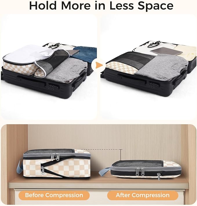 BAGAIL 4 Set/6 Set/8 Set Compression Packing Cubes Travel Accessories Expandable Packing Organizers (Half Mesh, 6-Khaki Checkered)